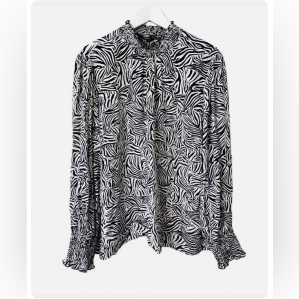 Anthropologie Sanctuary High Neck Zebra Smocked Blouse